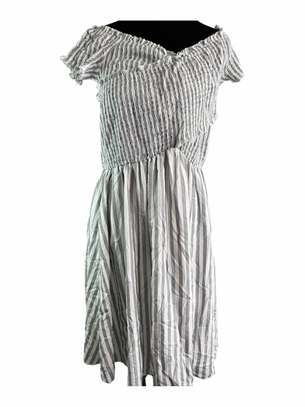 Beachsissi Womens XL Off Shoulder Smocked Stripe Midi Dress Gray White NWT